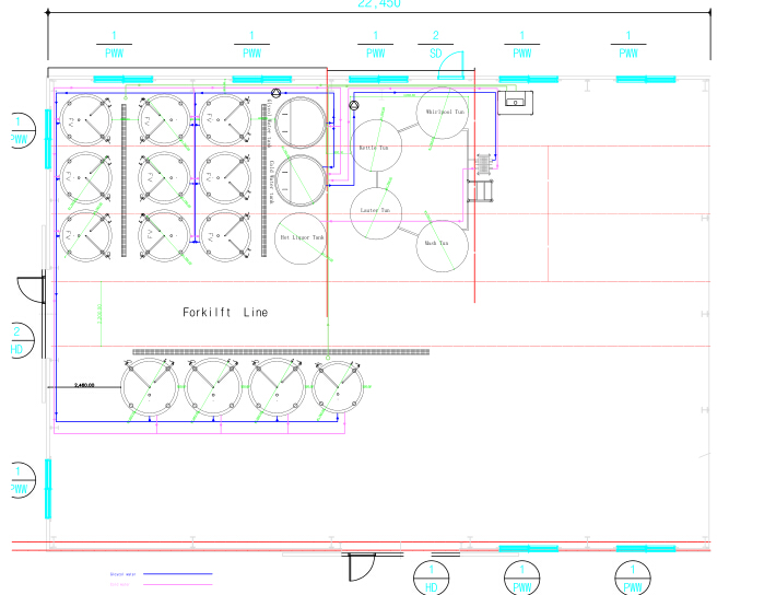 Plano de planta profesional para sistema de cervecería de 3000 litros.